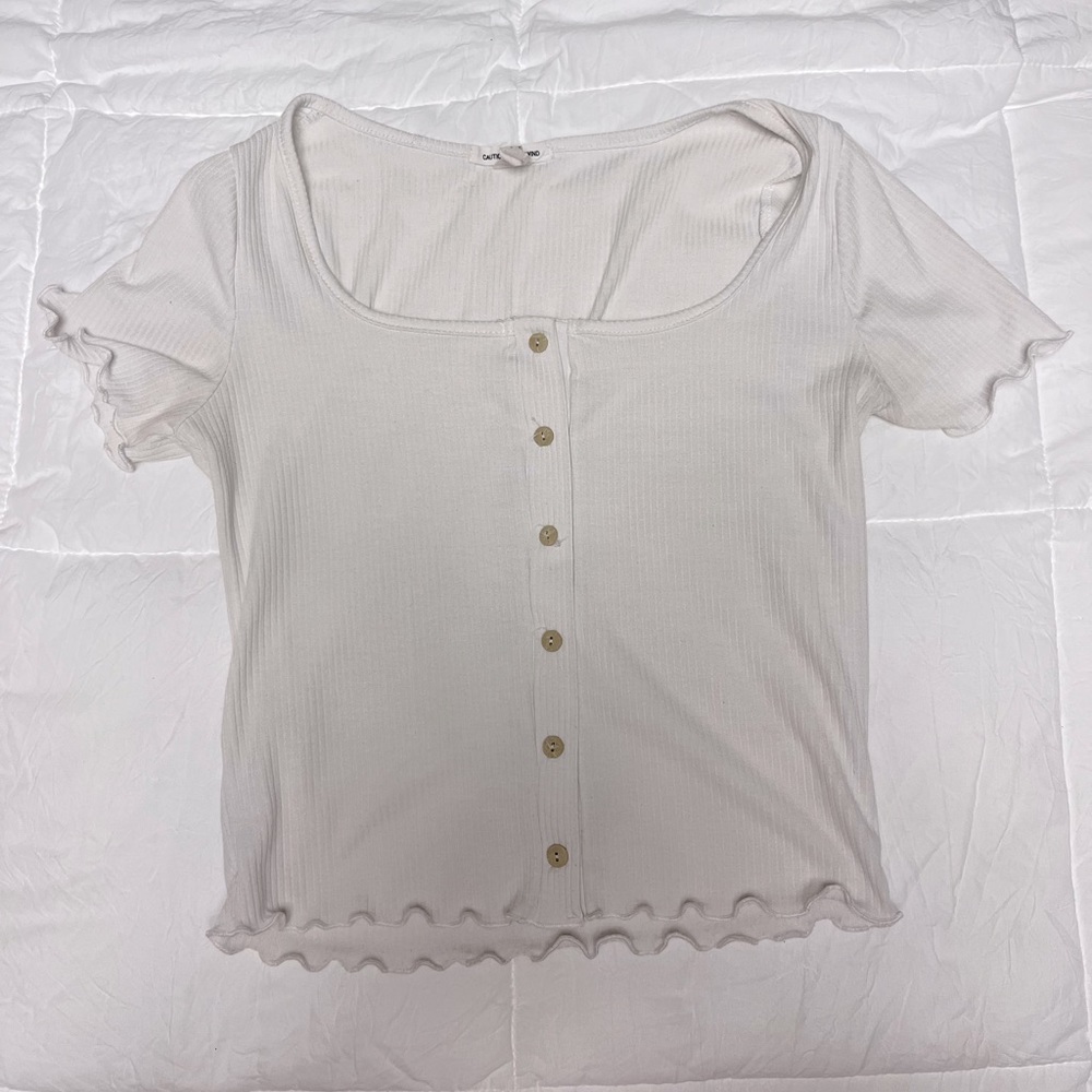 CAUTION TO THE WIND! Short sleeve ruffle button up square neck top